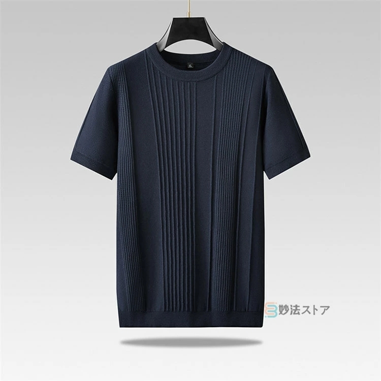 ニット 半袖 春夏 ニットセーター メンズ クルーネック 半袖ニット サマーニット おしゃれ 大人 ネイビー5XL/41901