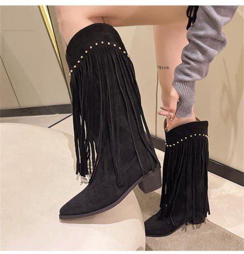  long boots Western fringe rivet V port girl lady's shoes [39]24.5cm black 