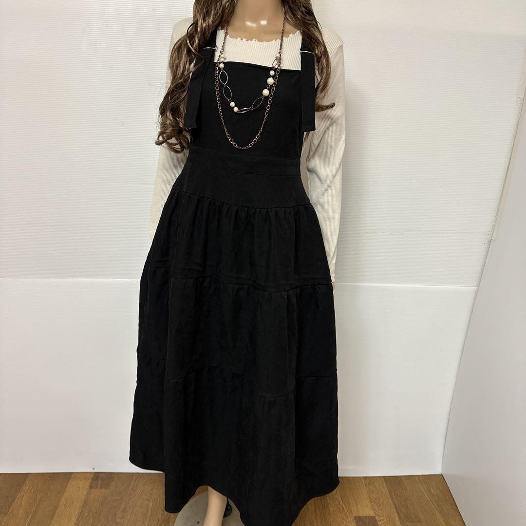 a1229☆大人気☆ふんわりティアード ロングワンピース♪ジャンパースカート・ジャンスカ☆ ブラックL canmil