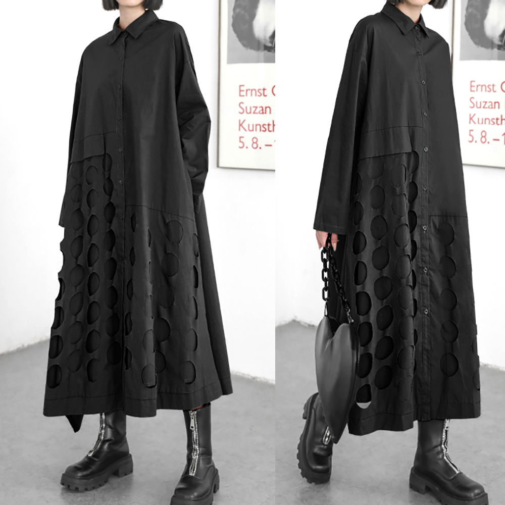 オーバーサイズ 丸カット 長袖 シャツワンピース 黒色