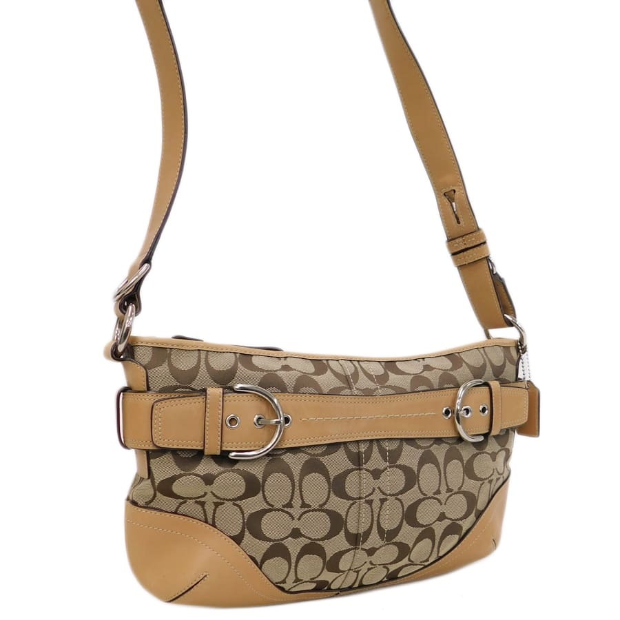 1円 ■ 極美品 コーチ ショルダーバッグ F07077 ブラウン系 キャンバス×レザー シグネチャー COACH ■E.Bmi.An-28