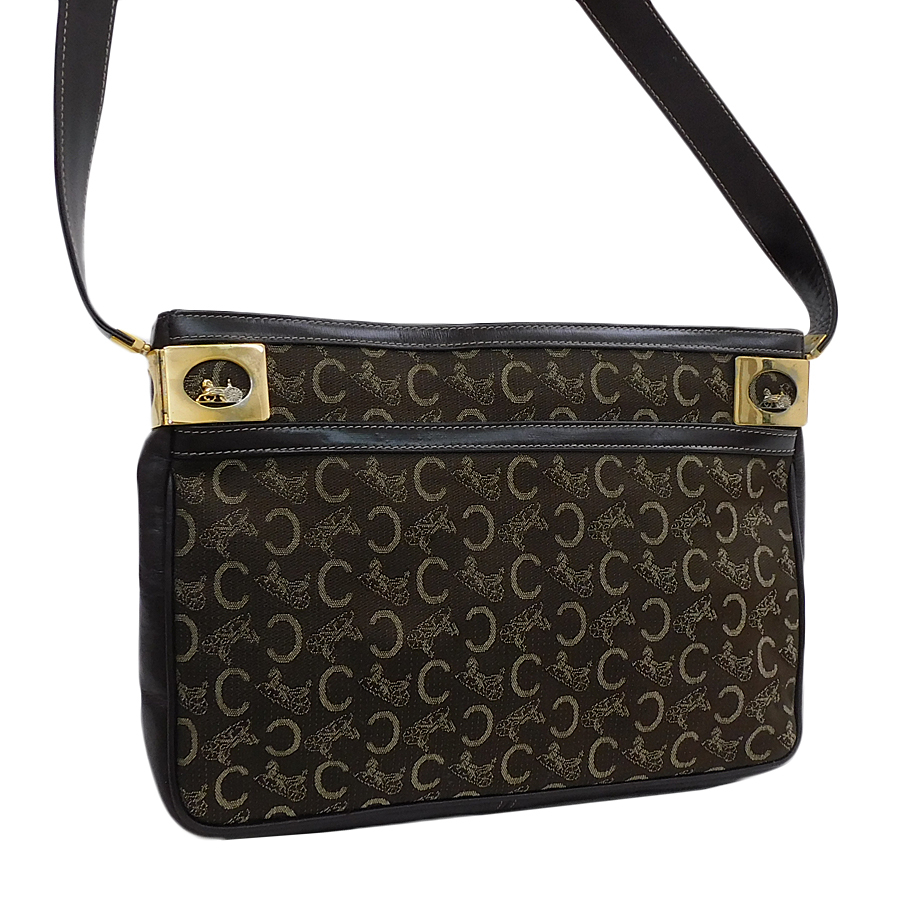1円 ■ セリーヌ ショルダーバッグ ダークブラウン系 キャンバス×レザー Cマカダム 馬車 CELINE ■E.Bgpe.hP-09