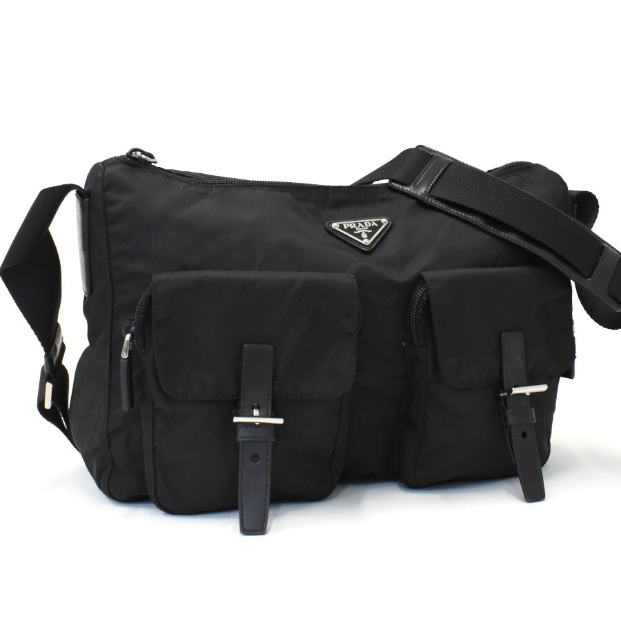1円 ◎美品 PRADA プラダ ショルダーバッグ クロスボディ 三角プレート トライアングルロゴ ナイロン レザー ブラック◎E.Cigi.hP-12