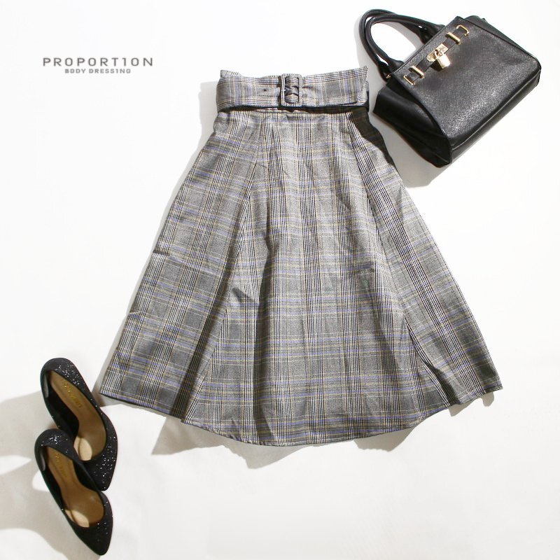 美品 プロポーションボディドレッシング PROPORTION BODY DRESSING 通年 チェック ベルト付き ミディ フレアスカート M グレー 青 ポリ