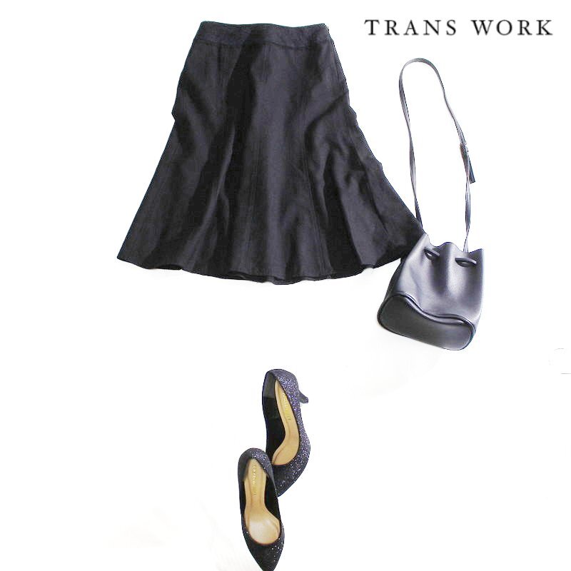美品 TRANS WORK トランスワーク 秋 冬 毛92％ カシミヤ Aライン フレア ウールスカート 9号 38 ブラック 黒 膝下丈 綺麗め 上品 コンサバ