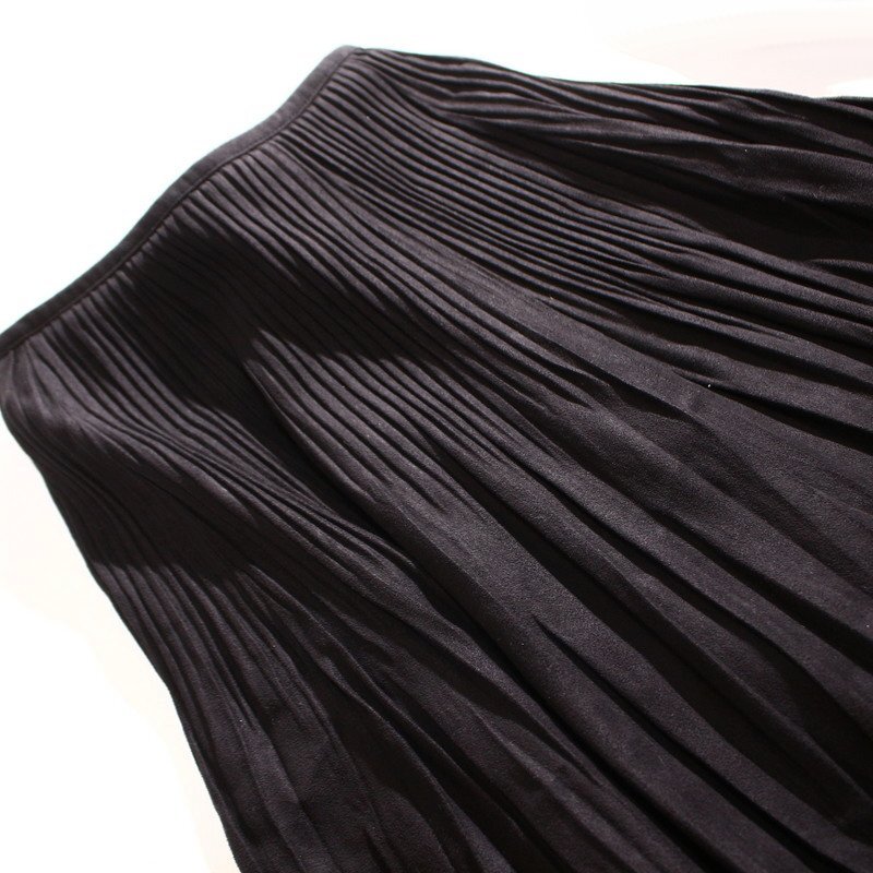 美品 インディヴィ INDIVI 株) ワールド 秋 冬 合物 スエードタッチ プリーツスカート レザースカート 7號(hào) 36 ブラック 黒 フレア