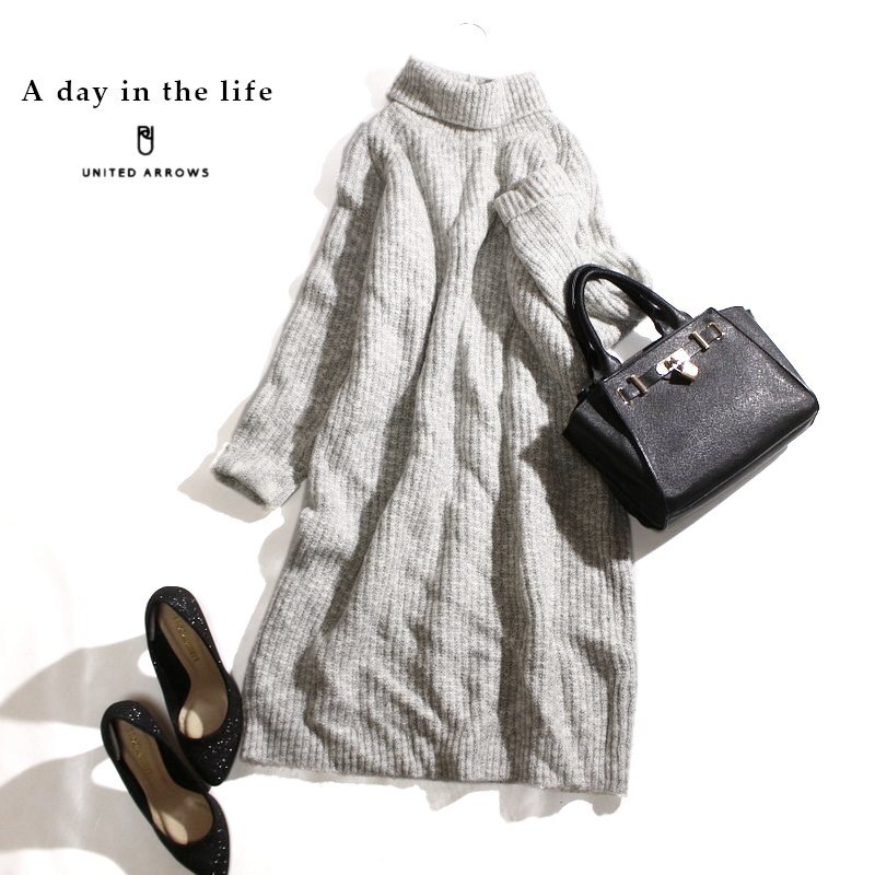 美品 厚手 a day in the life ユナイテッドアローズ UNITED ARROWS 冬 真冬 ミックス ロングニットワンピース ホワイト 白 ブラック 黒