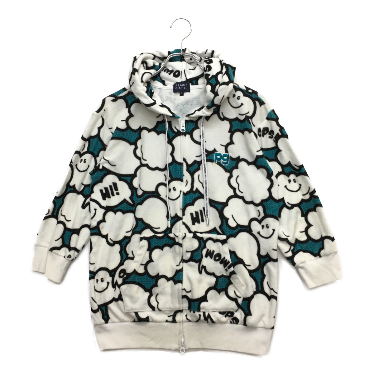 coco 中古 パーリーゲイツ レディース パーカー 1(M) 白×青緑 七分袖 ダブルジップ パイル地 総柄 レターパックプラス発送可 97353