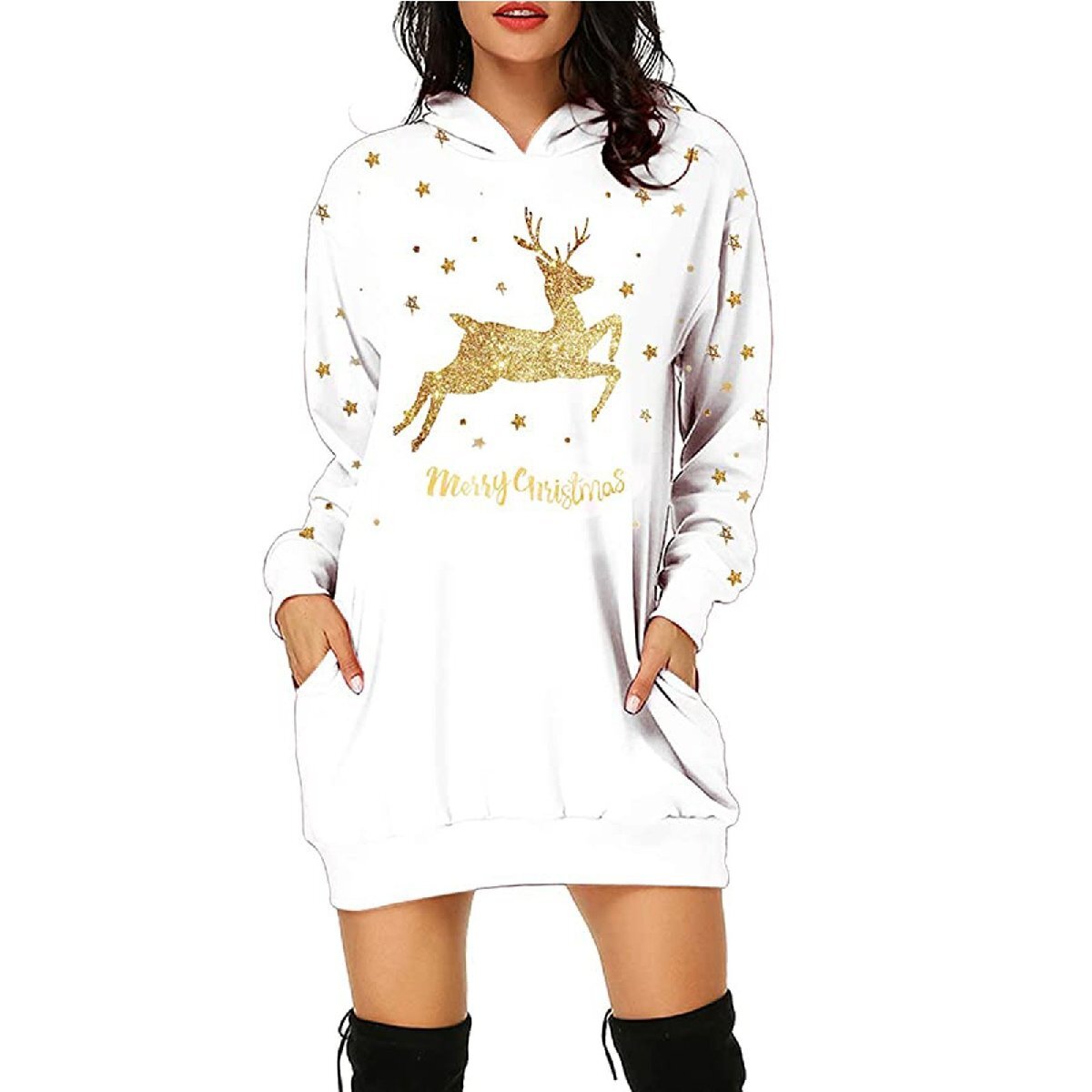 クリスマス・パーカーレディース服　長袖　フード付きパーカー　エルク鹿のプリント　長いモデルのパーカー