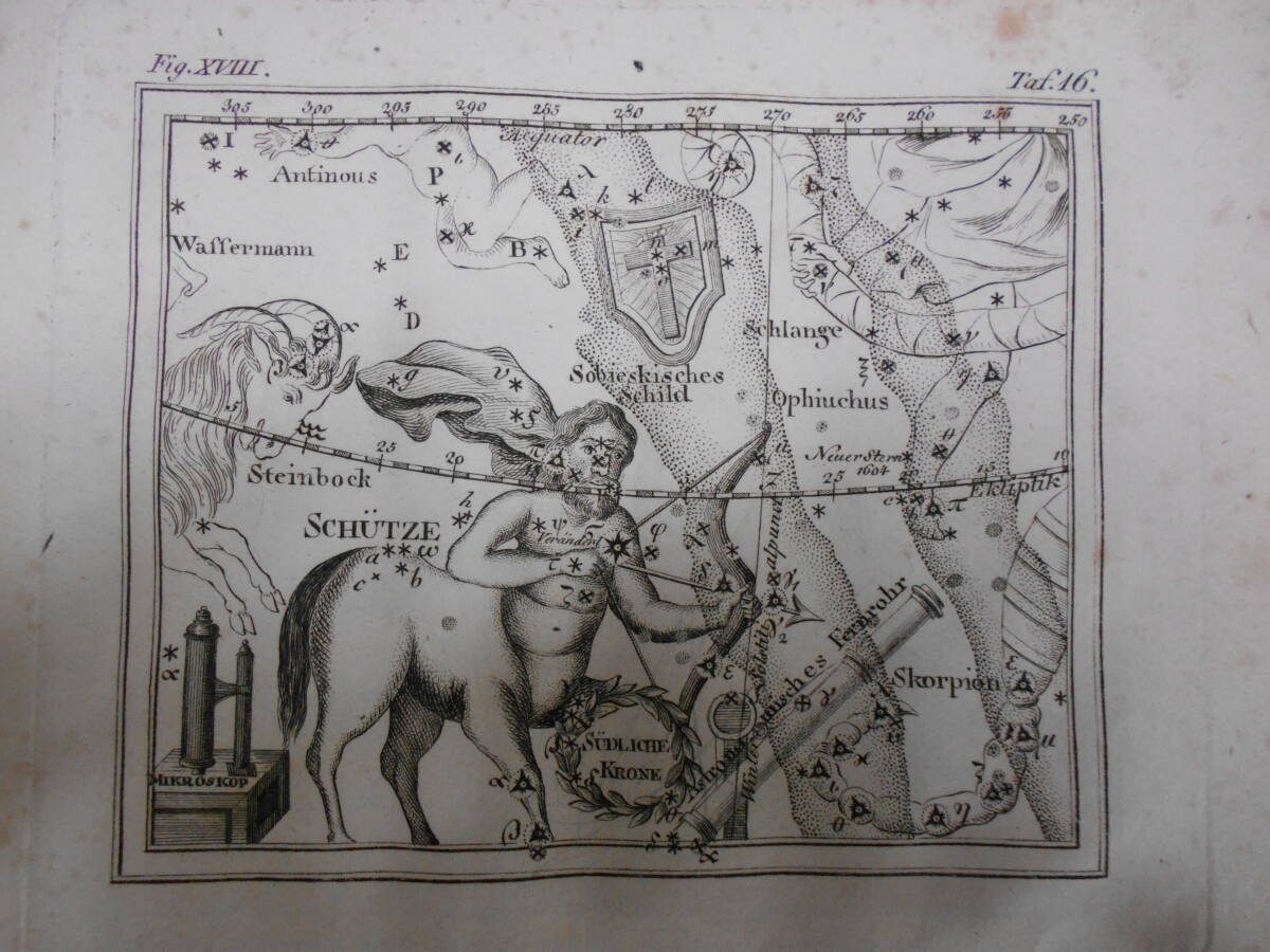 即決1805年ドイツ『メイシナー星図帳PL16射手座盾座』天球図　天文　アンティーク 星図、星座早見盤Astronomy, Star map, Planisphere