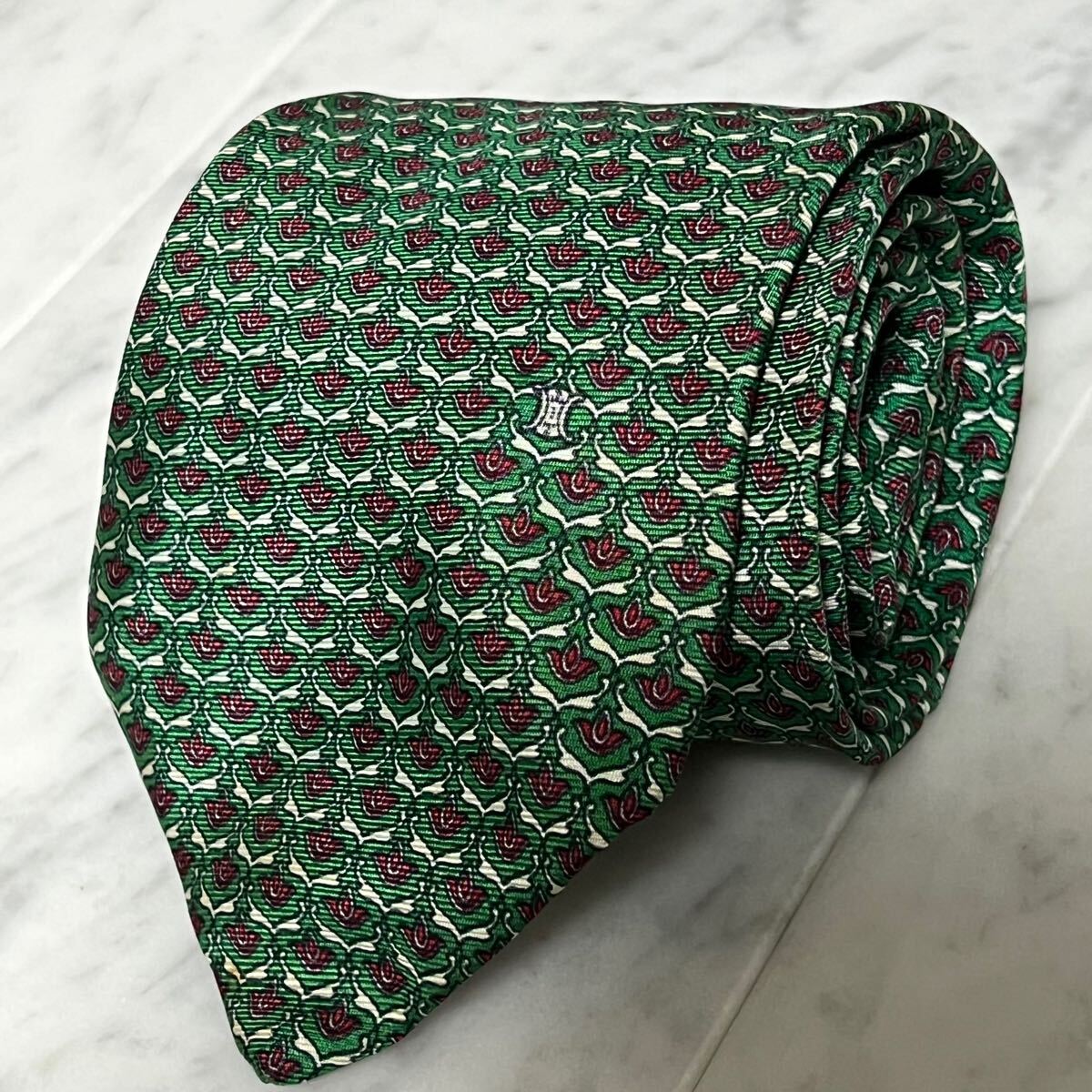 999円～ CELINE ネクタイ グリーン ワンポイントロゴ マカダム 総柄 (GREEN B5)