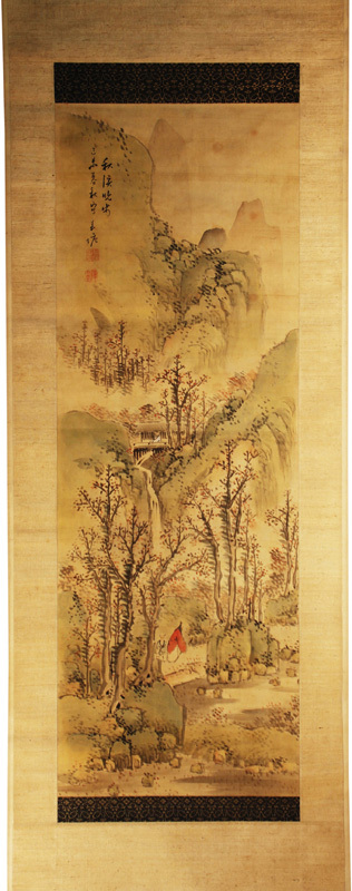 掛軸　晩秋山水図　春塘画