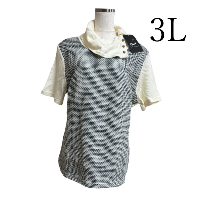 パレオ2　レディース　大きいサイズ　タートルネック　セーター　半袖　ホワイト　ツィード切り替え　3L