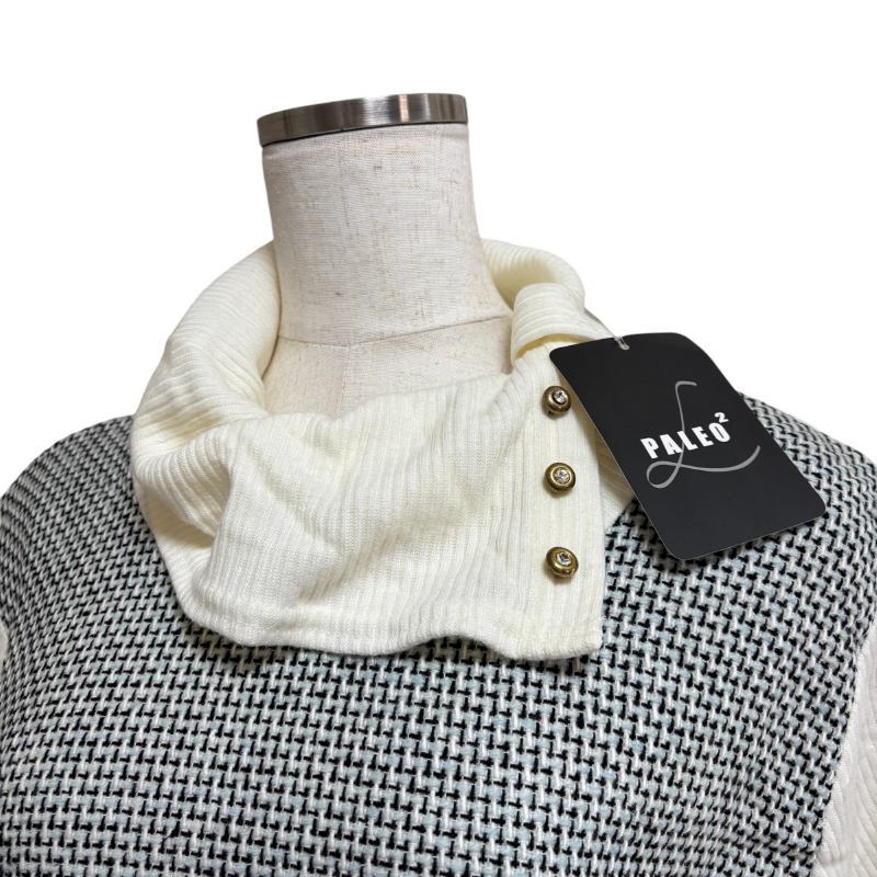 パレオ2　レディース　大きいサイズ　タートルネック　セーター　半袖　ホワイト　ツィード切り替え　3L