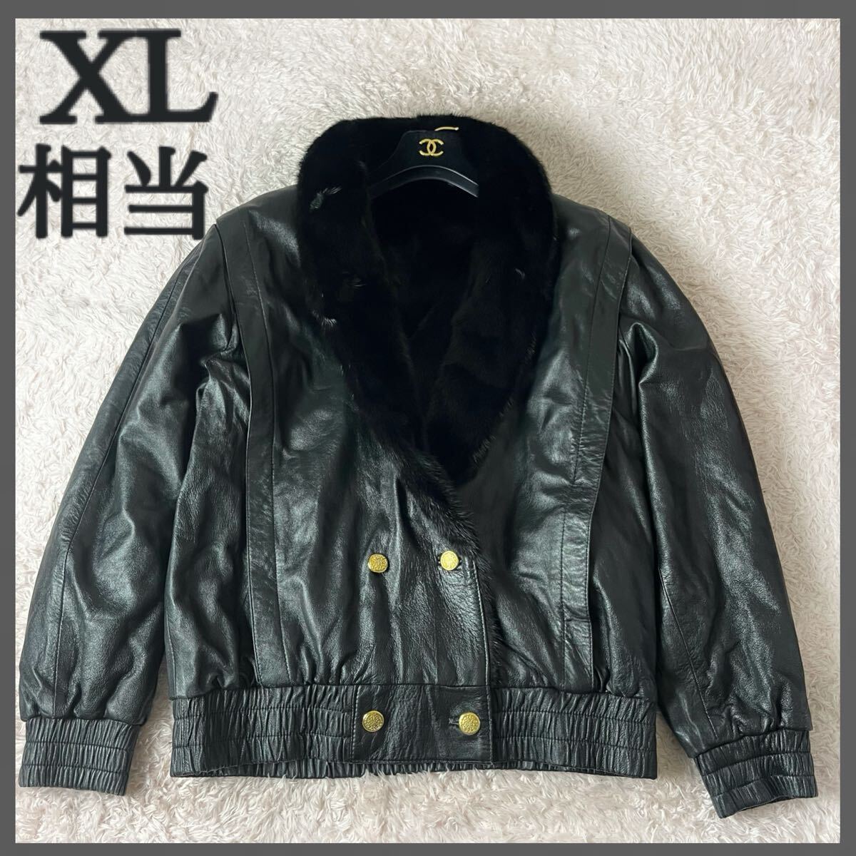  Vintage норка мех натуральный мех меховое пальто кожаный жакет двусторонний Double Rider's натуральная кожа золотой кнопка чёрный черный XL