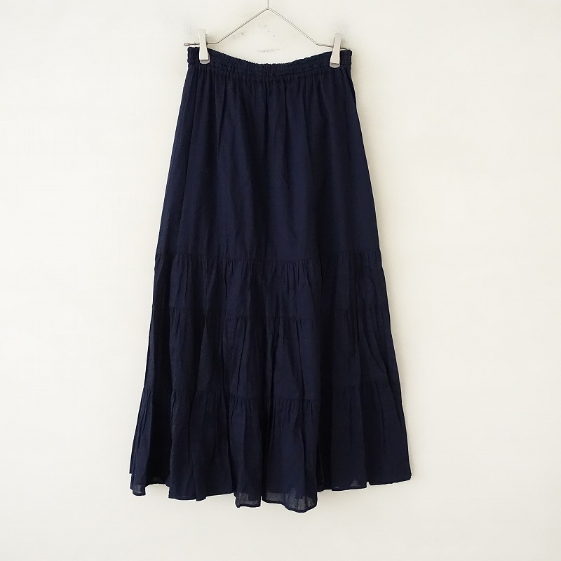 【美品/定価1.6萬】イエナ IENA *シアーストライプコットンボイルスカート*36綿紺ゴムティアードロング(sk25-2411-95)【40L42】