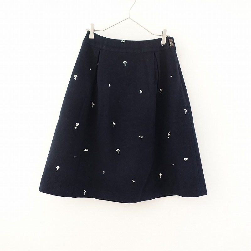 ナルセ naruse *ウール刺繍スカート*Fネイビーボックスプリーツひざ丈(sk33-2411-593)【42L42】