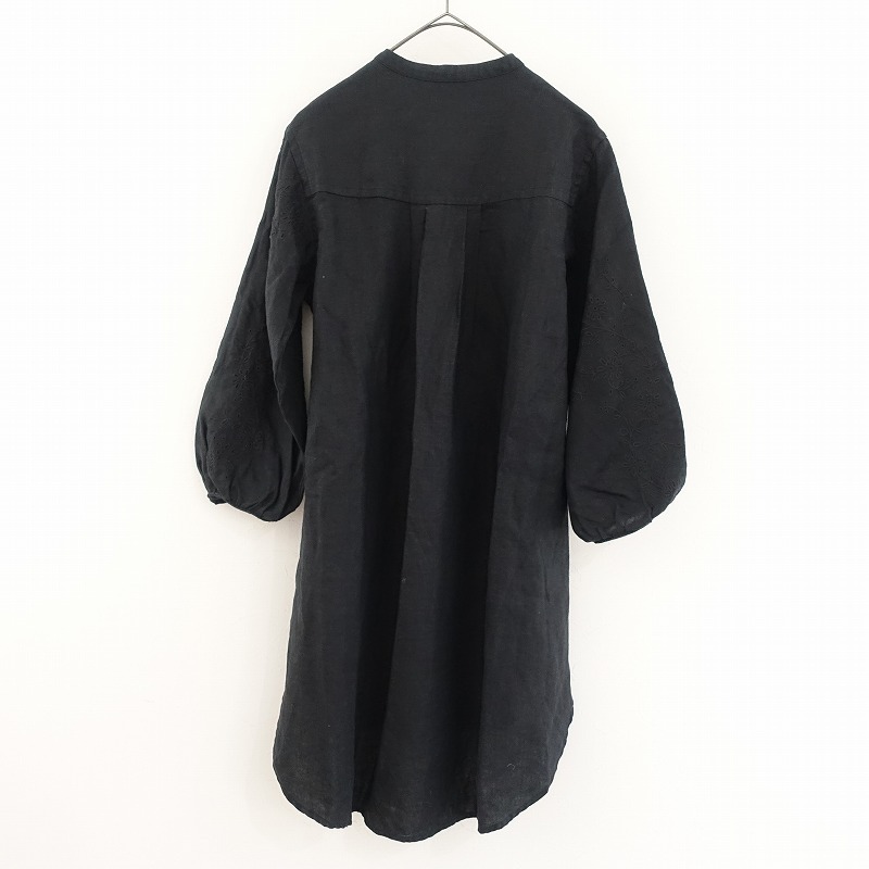 ハグオーワー Hug O War *リネンヨークタック刺しゅうロングブラウス*麻ブラック黒チュニックシャツ(25-2411-616)【72L42】