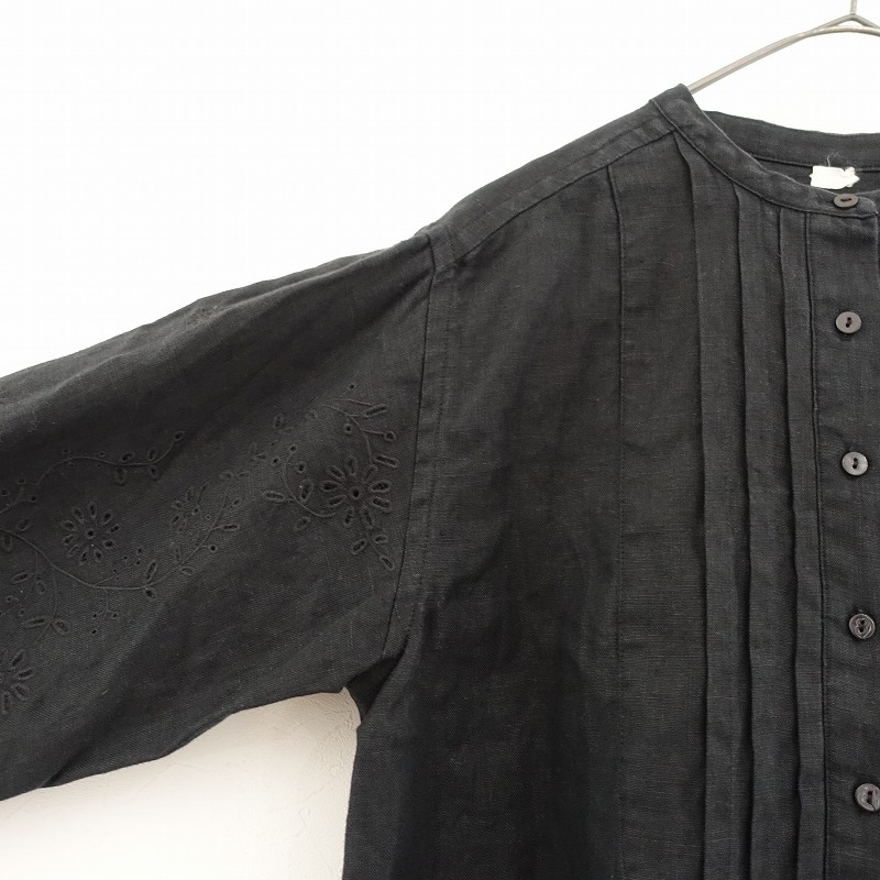 ハグオーワー Hug O War *リネンヨークタック刺しゅうロングブラウス*麻ブラック黒チュニックシャツ(25-2411-616)【72L42】