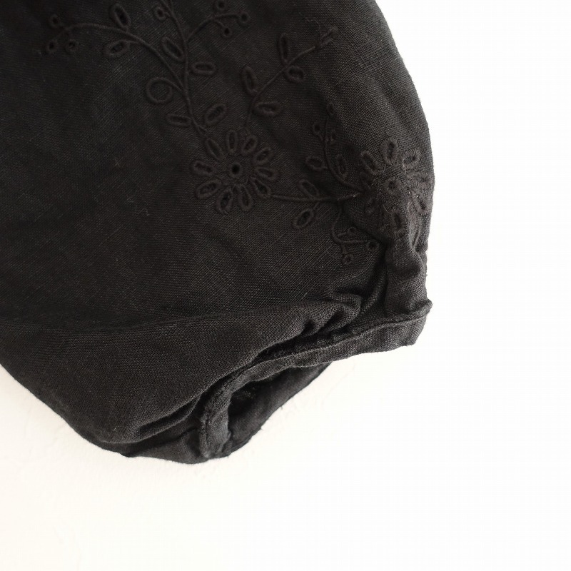 ハグオーワー Hug O War *リネンヨークタック刺しゅうロングブラウス*麻ブラック黒チュニックシャツ(25-2411-616)【72L42】