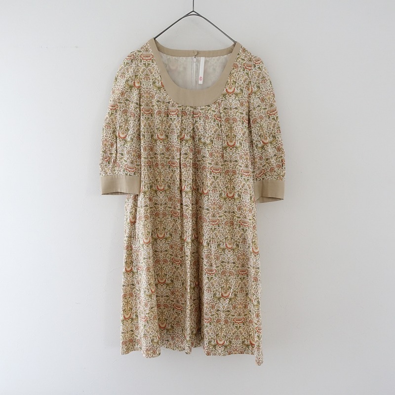 クーポール×リバティ coupole×LIBERTY *Lodden コットンタックワンピース*薄手総柄ドレス切替背開ベージュ(27-2404-151)【32E42】