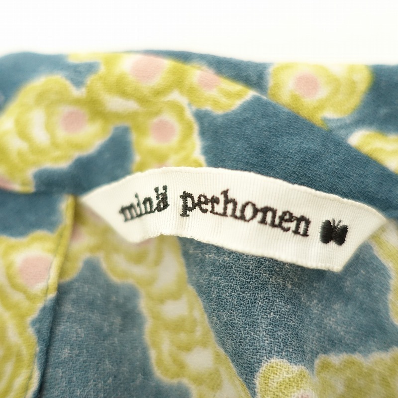 ミナペルホネン mina perhonen *petal checkプリントワイドブラウス*38ウールドロップショルダーグリーン系(2-2411-552)【82L42】