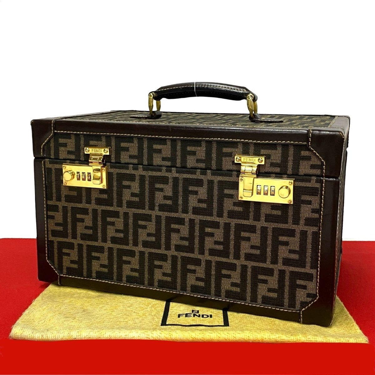 極 美品 希少品 FENDI フェンディ ズッカ FF 柄 キャンバス レザー 本革 ハンドバッグ バニティバッグ メイクボックス ブラウン 42713_画像1