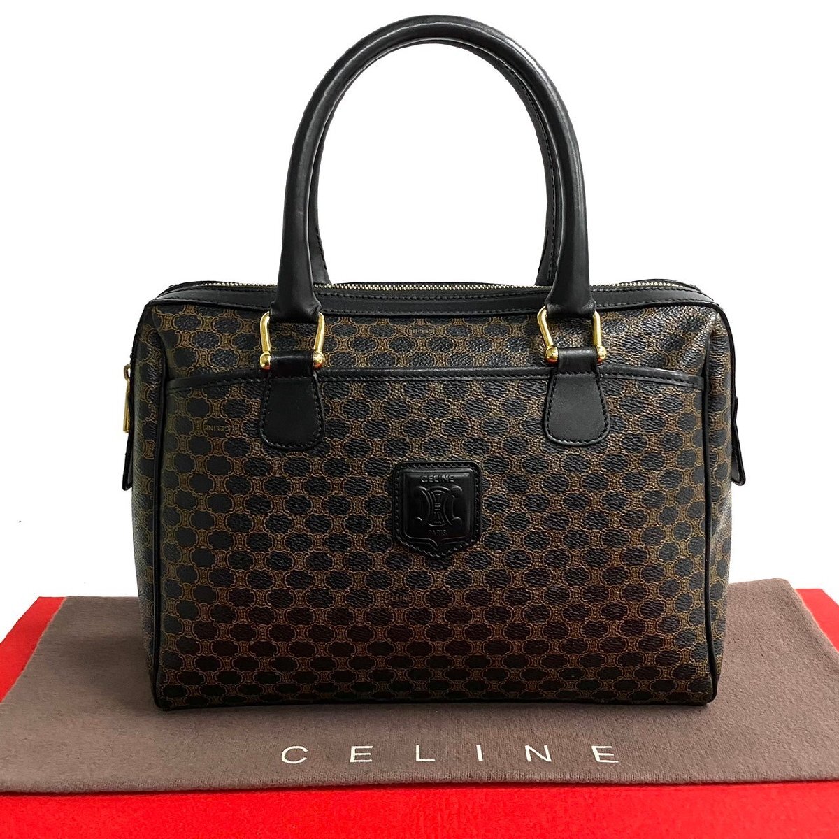 極 美品 CELINE セリーヌ ヴィンテージ マカダム ブラゾン トリオンフ 柄 レザー 本革 ハンドバッグ ミニ ボストンバッグ ブラウン 914-5