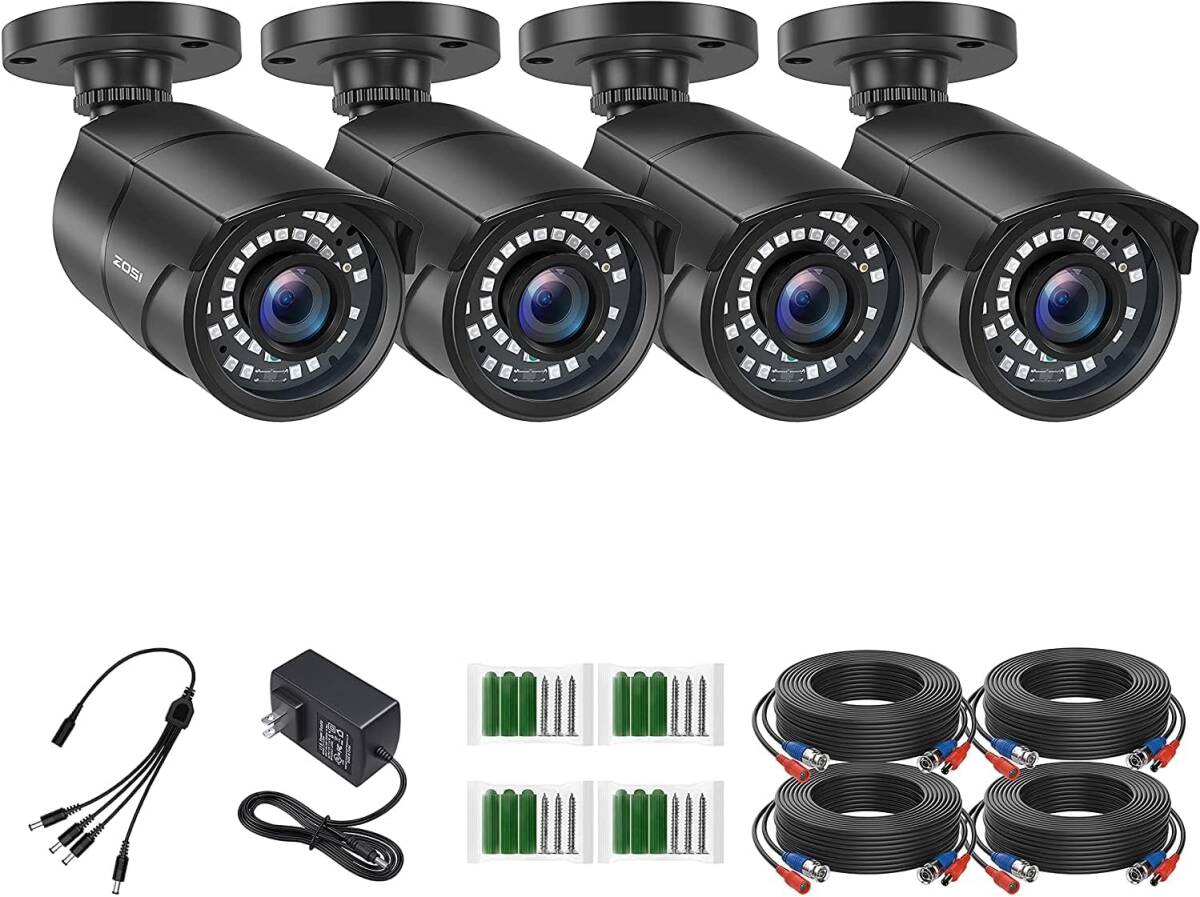 ZOSI CCTV 防犯カメラ4台セット 1080P 200万画素 フルハイビジョン TVI 防犯カメラ 36個赤外線搭載 暗視機能 IP67防水仕様 金属製