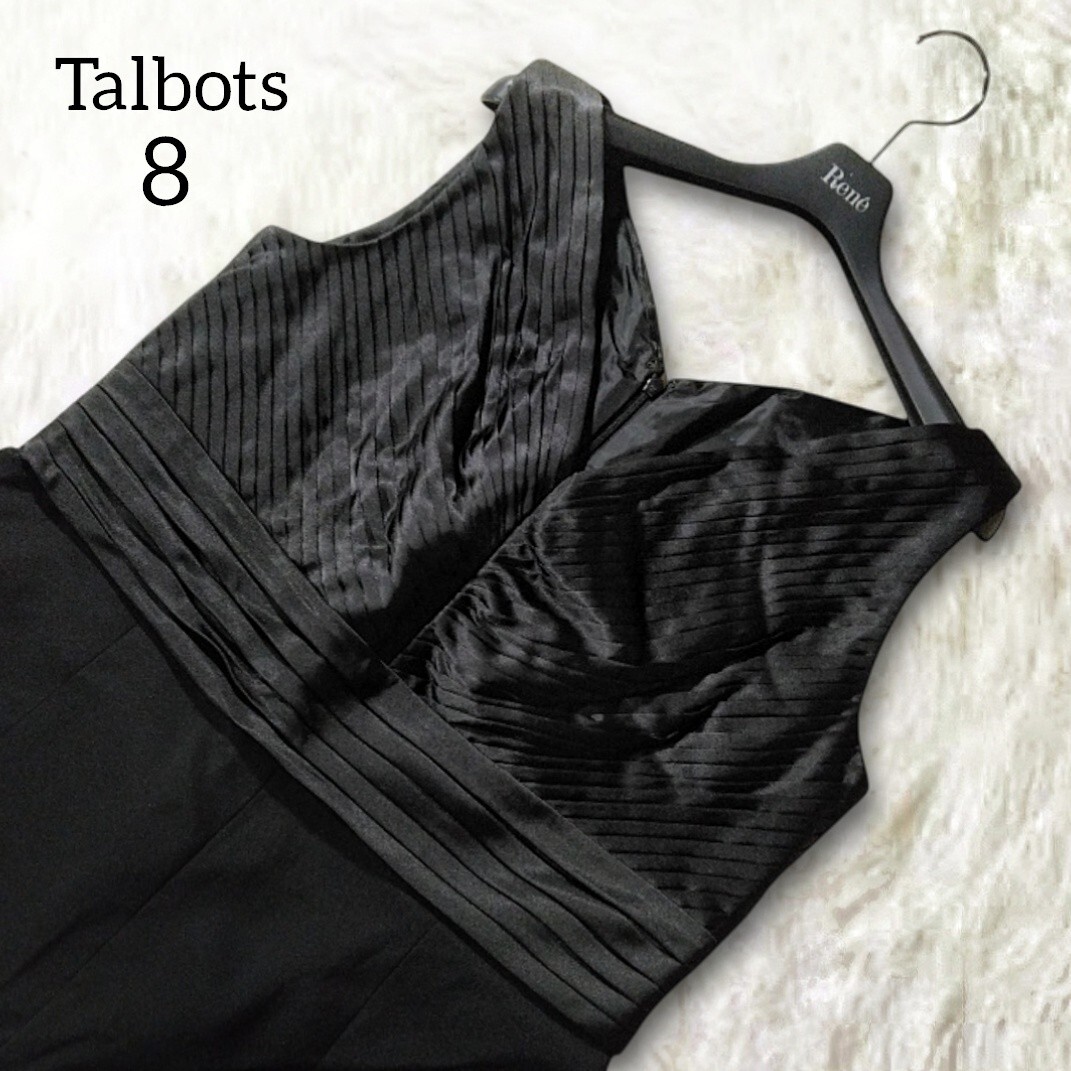 50 【大きいサイズ】 Talbots タルボット プリーツ ワンピース ドレス 8 XL LL 黒 ブラック 膝丈 ノースリーブ フレア フォーマル 無地