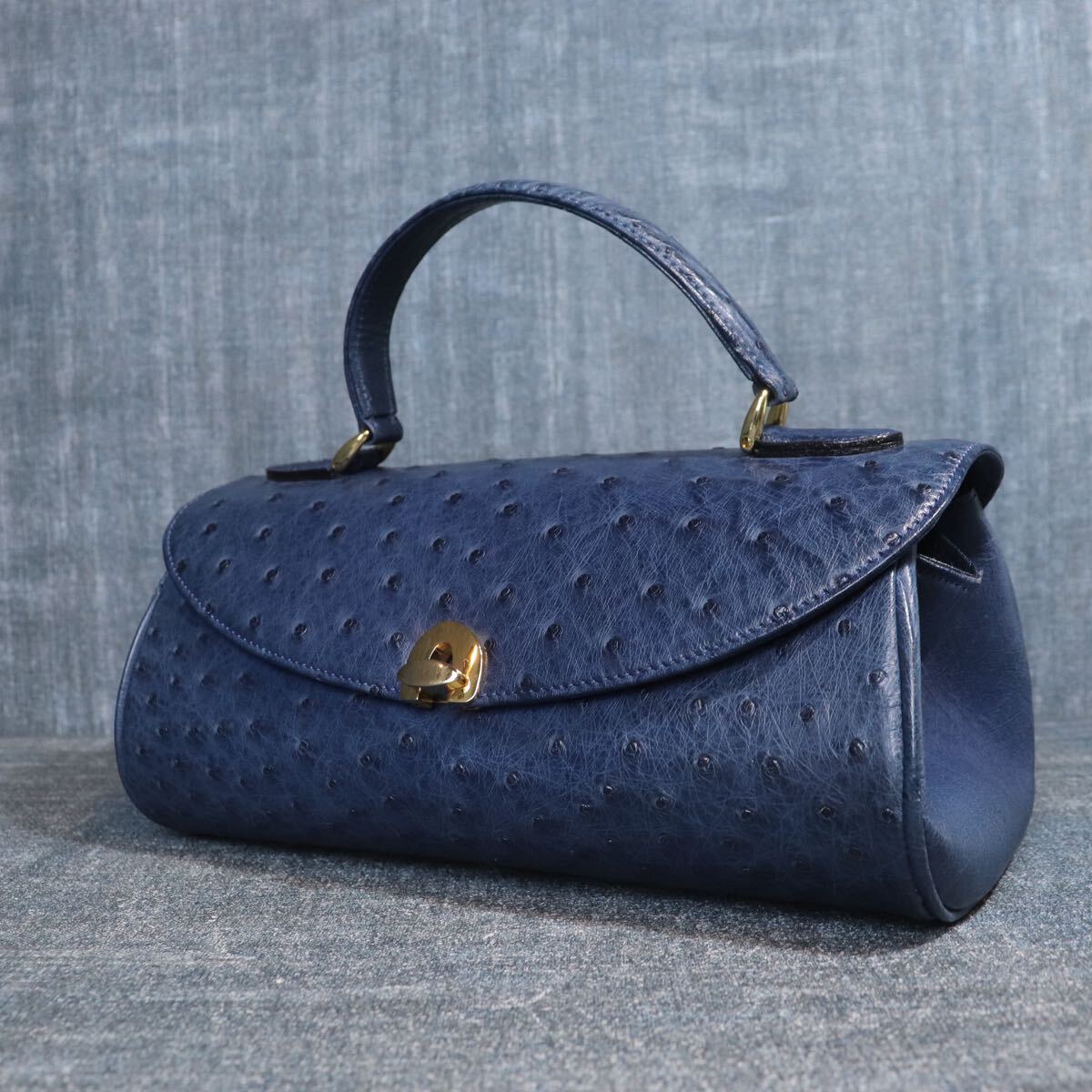 １円スタート オーストリッチ ゴールド金具 ターンロック 筒型 ハンドバッグ ダチョウ genuine ostrich 駝鳥 エキゾチックレザー 1スタ