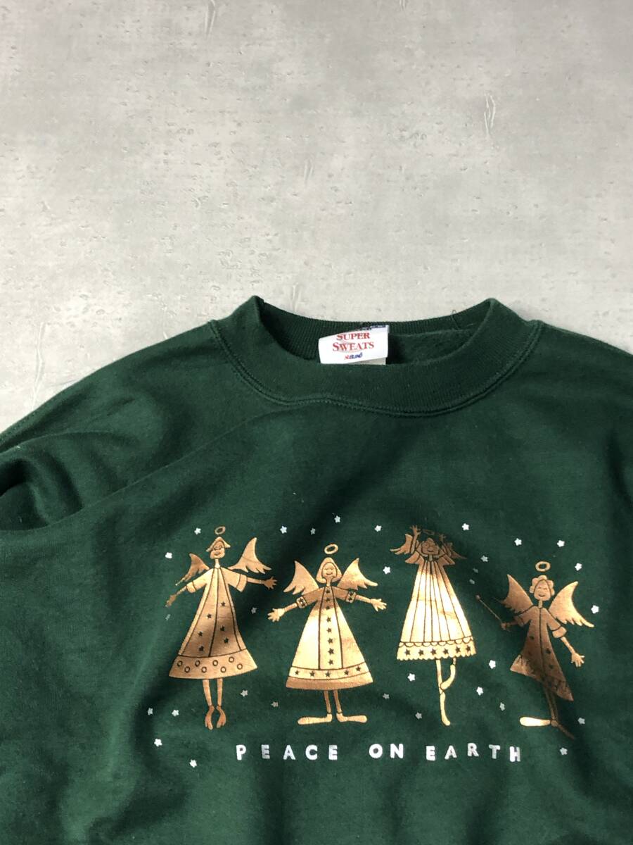 【送料込み】　Vintage 90s Jerzees 天使プリント スウェット XL エンジェル Peace on Earth グリーン 緑 使徒 3-5-69