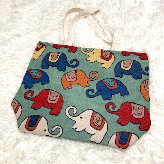 ★即決★送料無料★匿名発送★新品★バンコク買い付け★ 象柄 象さん モノグラム トートバッグ タイ製 大きめ 緑系