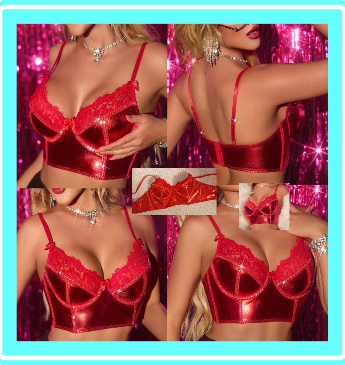 ♥超美ロングブラ★素敵★大人Sexy★メタリック★光沢★レッド★アンダーワイヤー★美バスト★キュート★ボーン入♥B148