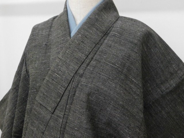 〔楽布〕P31987　杢無地　結城紬　茶グレー　単衣　男物　k
