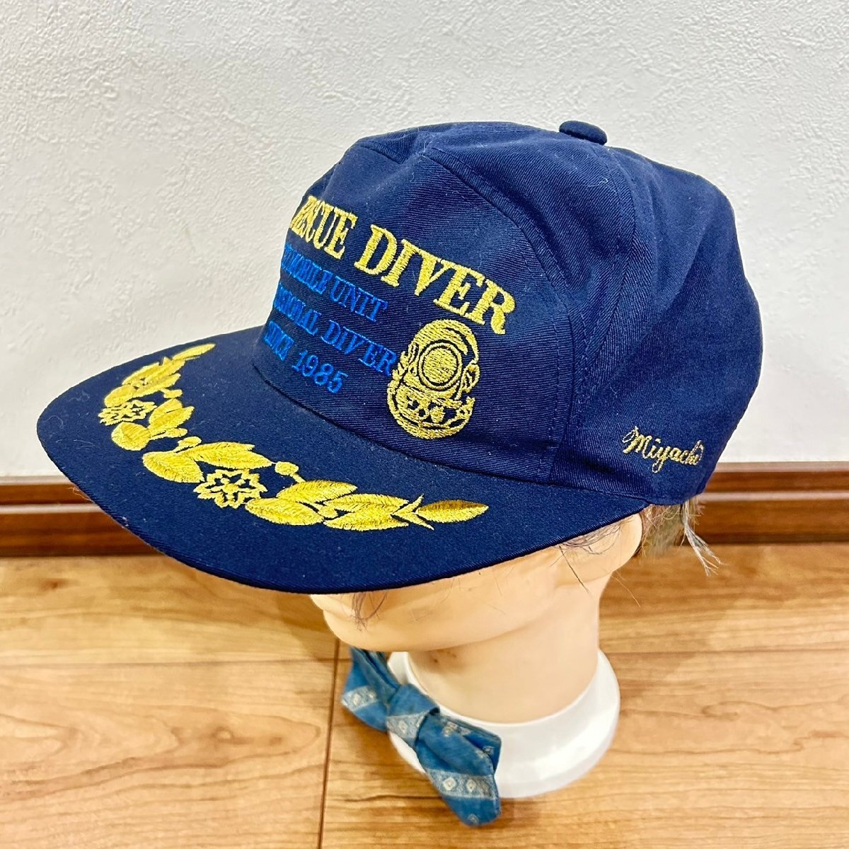 (^w^)b 80s 90s ヴィンテージ キャップ 帽子 RESCUE DIVER レスキューダイバー 刺繍 制服 制帽 コレクター ネイビー 紺 メンズL/YC1338YY