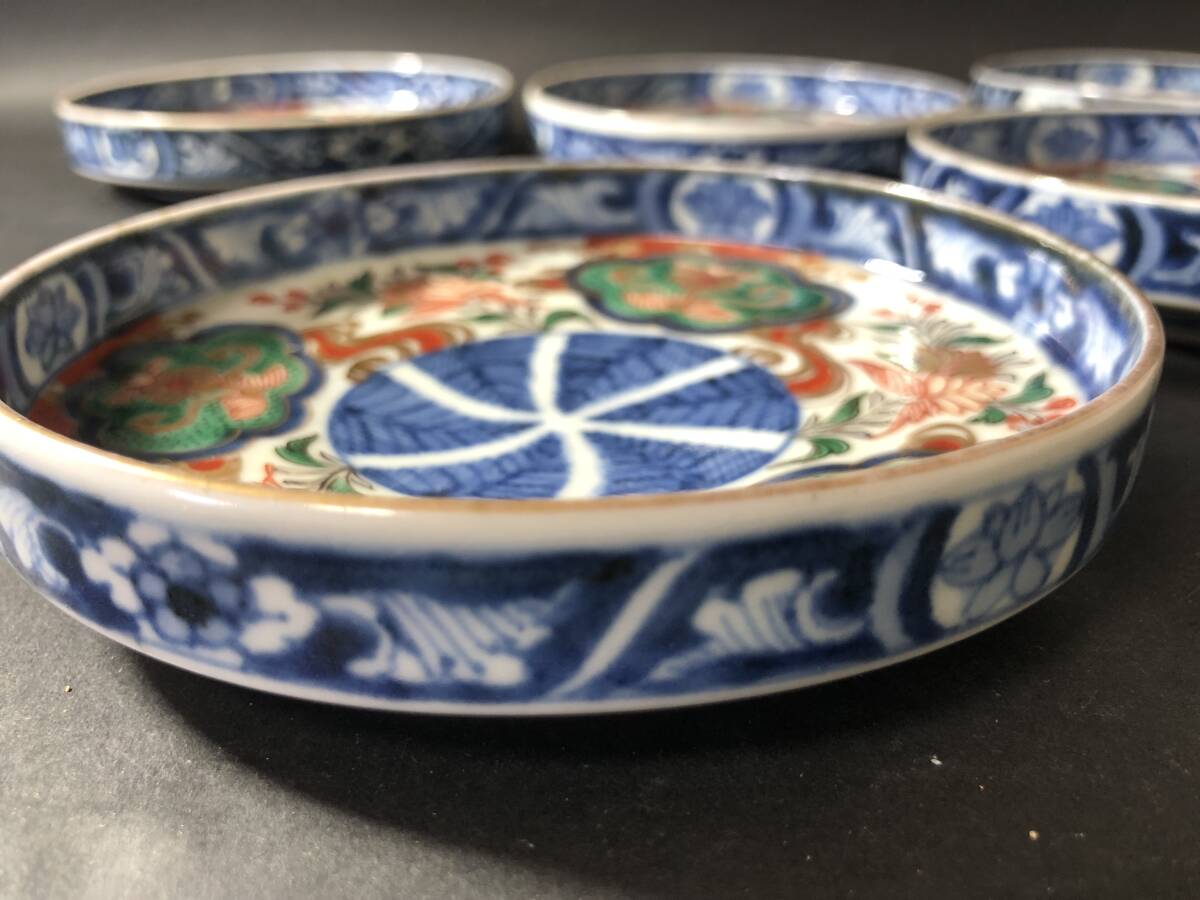古伊万里 色絵小皿 五客 12cm 草花蝶牡丹 錦手 染錦 金彩 手塩 CK60