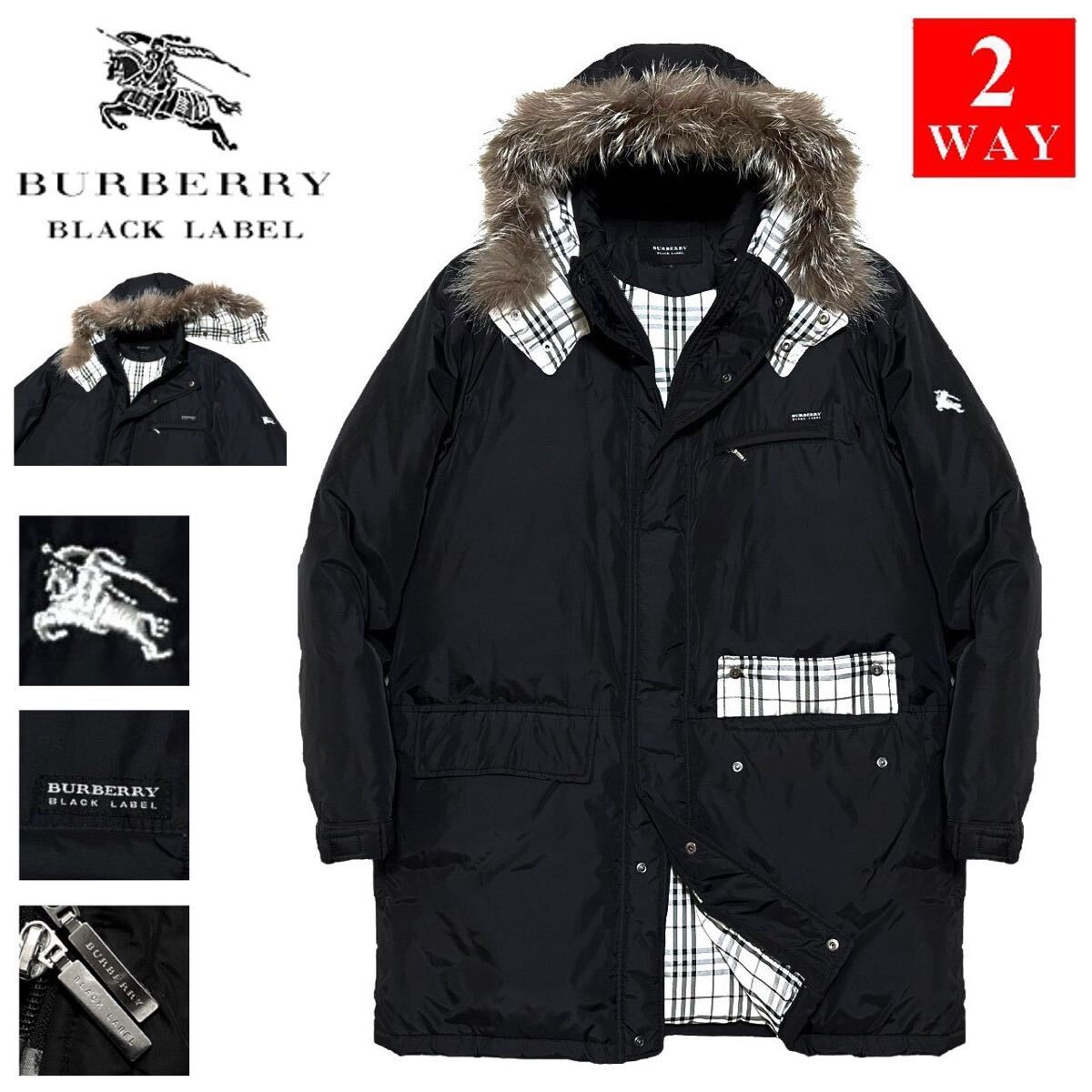 !_ превосходный товар Burberry Black Label BI G Horse вышивка noba проверка натуральный мех 2WAY пуховик L/3 чёрный жакет BURBERRY BLACK LABEL