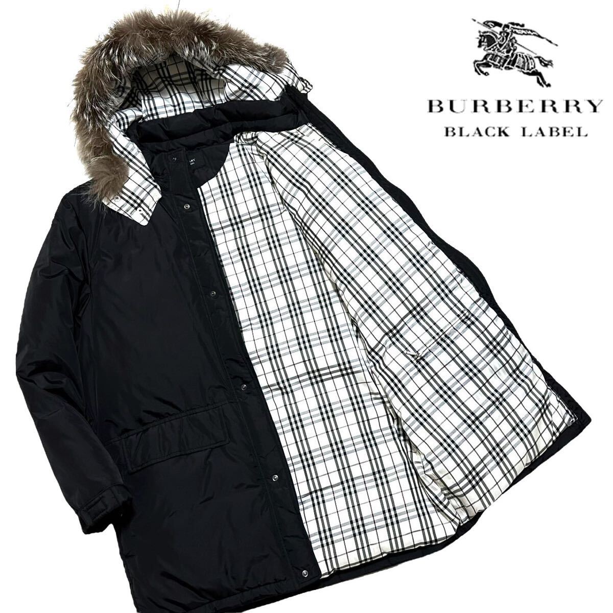 !_ превосходный товар Burberry Black Label BI G Horse вышивка noba проверка натуральный мех 2WAY пуховик L/3 чёрный жакет BURBERRY BLACK LABEL