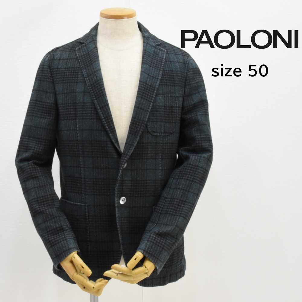 PAOLONI◇カシミア混チェックウールジャケット◇サイズ50◇グリーン系◇背裏なし◇パオローニ