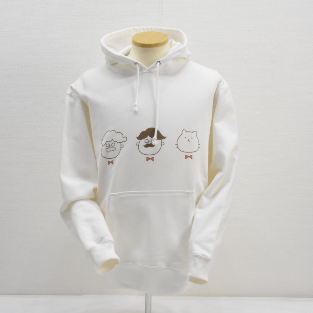 美品 ゆるかわおじさんプリントパーカー 白 L プルオーバーパーカー