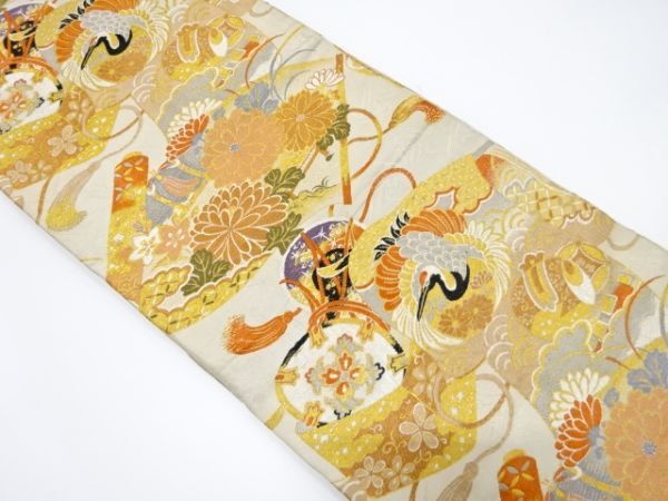 ys7190788; 宗sou 誰が袖に鶴・鼓・巻物模様織り出し丸帯（材料）【アンティーク】【着】