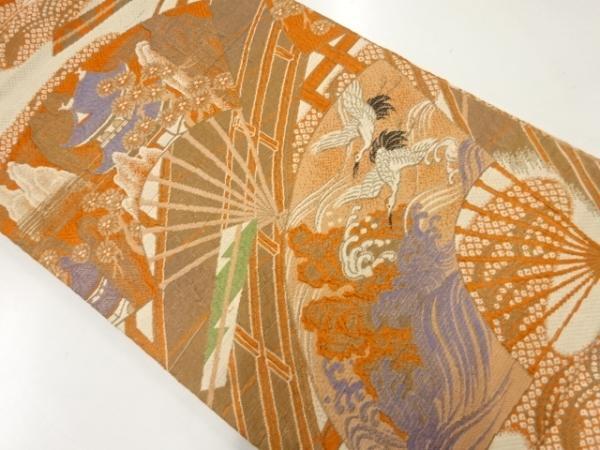ys7215404; 宗sou 纐纈扇面に城・双鶴模様織出し丸帯（材料）【アンティーク】【着】