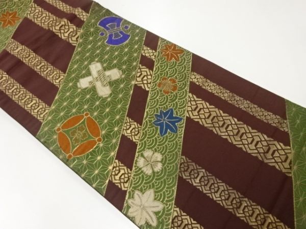 ys7230487; 宗sou 縞に花・宝尽くし模様織出し昼夜帯（材料）【アンティーク】【着】