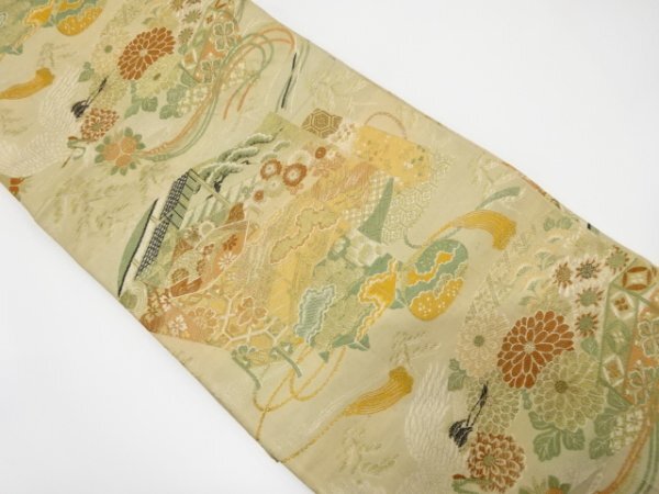 ys7244024; 宗sou 貝桶に鶴・屋敷風景模様織り出し丸帯（材料）【アンティーク】【着】