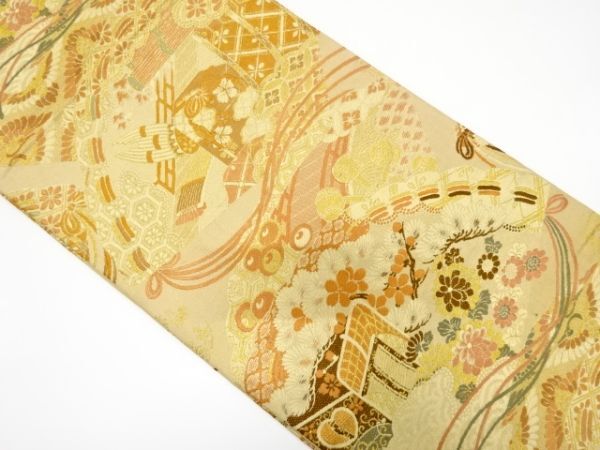 ys7245903; 宗sou 桧扇に草花・古楽器模様織り出し丸帯（材料）【アンティーク】【着】