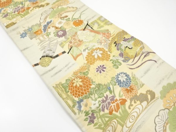 ys7250652; 宗sou 誰が袖に古楽器・草花模様織り出し丸帯（着用可）【アンティーク】【着】