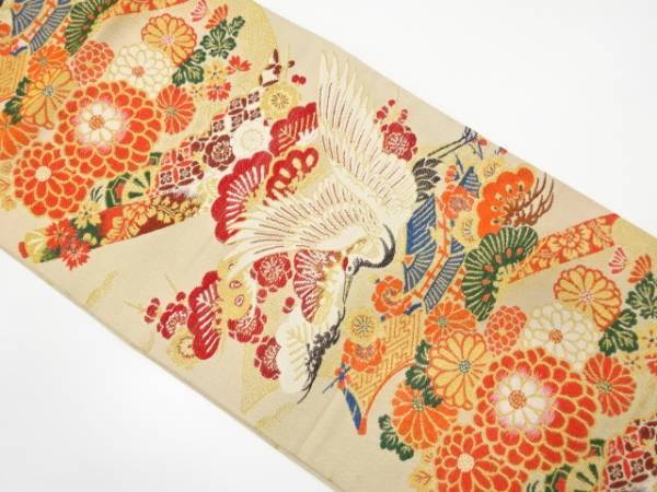 ys7252236; 宗sou 鶴に巻物・草花模様織り出し丸帯（材料）【アンティーク】【着】