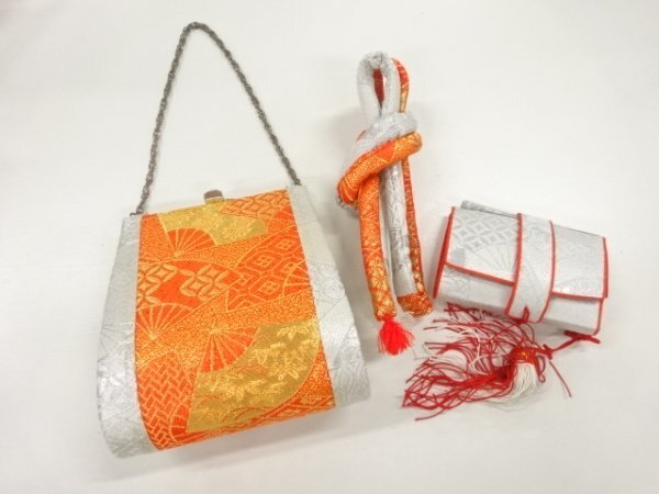 ys7252763; 宗sou 扇に花古典柄模様織出し子供用和装バッグ・筥迫・丸くげセット【アンティーク】【着】
