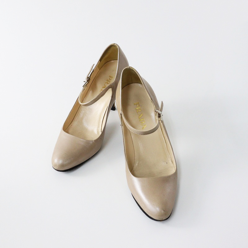 小さいサイズ イタリア製 プラダ PRADA プレーントゥ レザーヒールパンプス 34/ベージュ ストラップ シューズ 約21cm【2400014200898】
